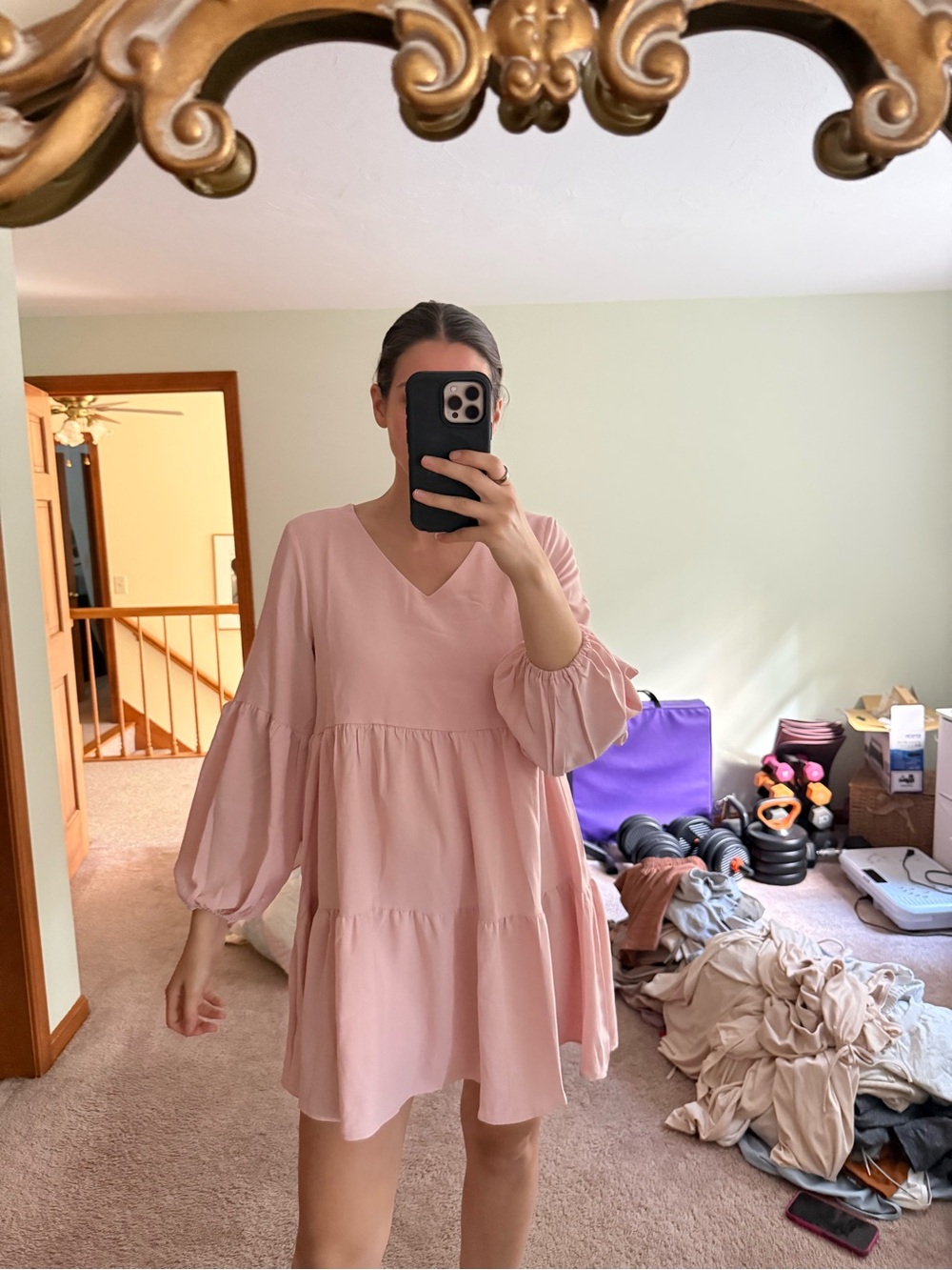 Amazon Pink V-Neck Tiered Mini Dress with Balloon Sleeves